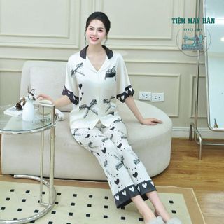 Bộ Pyjama Lụa Pháp Luxe Heart HanCloset, Áo Cánh Dơi Quần Dài, Bộ Đồ Ngủ Cao Cấp Sang Trọng HA1017