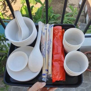 Bộ đồ ăn dùng 1 lần  10 NGƯỜI - [ 10 bát, 10 cốc, 10 đũa, 10 đĩa, 10 thìa, 2 đĩa chấm, túi rác ]
