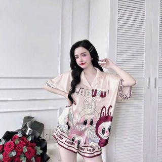 Bộ Pijama Lụa Pháp LABUBU - Áo Cánh Dơi & Quần Ngắn Thoải Mái HA1009