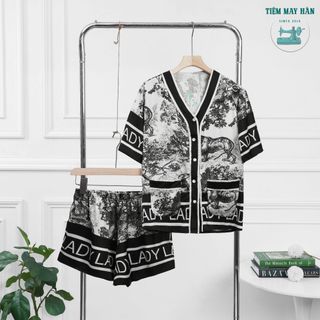 Bộ Pyjama Lụa Pháp ROYAL FOREST Quần Ngắn HanCloset, Bộ Đồ Mặc Nhà Cao Cấp Sang Trọng HA1011