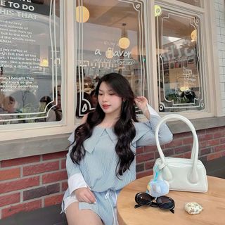 [SHOPPUMI] Đầm sọc xanh Winnie trễ vai tay dài rút eo viền lai freesize Pumi