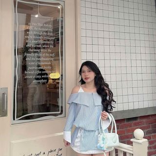 [SHOPPUMI] Đầm sọc xanh Winnie trễ vai tay dài rút eo viền lai freesize Pumi