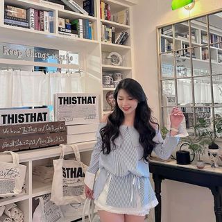 [SHOPPUMI] Đầm sọc xanh Winnie trễ vai tay dài rút eo viền lai freesize Pumi