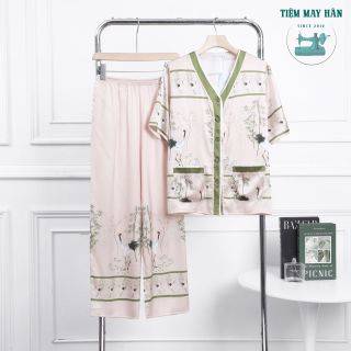 Bộ Pyjama Lụa Pháp Chim Hạc HANCLOSET - Đồ Ngủ Cao Cấp Sang Trọng HA1016