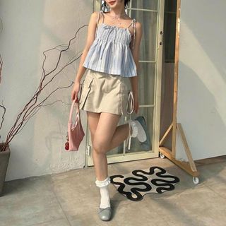 [SHOPPUMI] Áo kiểu 2s cột form Babydoll thân nhún 2 màu xanh và hồng freesize Pumi