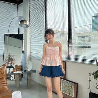 [SHOPPUMI] Áo kiểu 2s cột form Babydoll thân nhún 2 màu xanh và hồng freesize Pumi