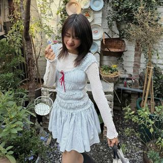 [SHOPPUMI] Đầm linen sọc Chilling 2s bản to nhún thân nơ đỏ freesize Pumi