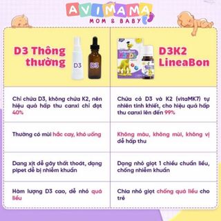 D3 K2 Lineabon Vitamin Hấp Thu Canxi Giúp Tăng Chiều Cao Tối Đa Cho Bé 10ml và 15ml AVIMAMA