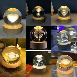 QỦA CẦU PHA LÊ chạm khắc hình đế gỗ, ĐÈN PHA LÊ dạ quang decor phòng ngủ, bàn làm việc