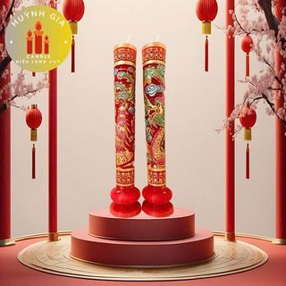 Đèn cầy cưới (nến cưới) Rồng Phụng nhũ vàng dành cho lễ cưới gia tiên, đám hỏi.