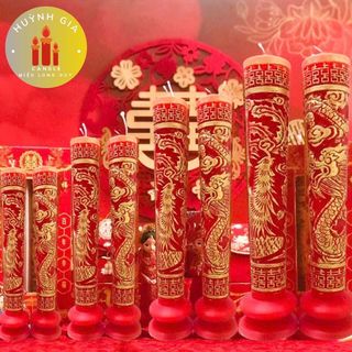 Đèn cầy cưới (nến cưới) Rồng Phụng nhũ vàng dành cho lễ cưới gia tiên, đám hỏi.