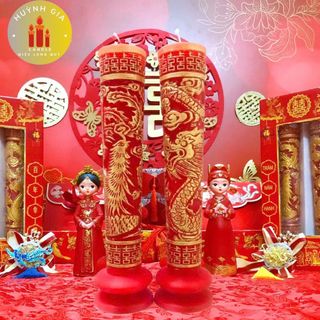 Đèn cầy cưới (nến cưới) Rồng Phụng nhũ vàng dành cho lễ cưới gia tiên, đám hỏi.
