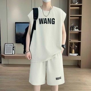 Bộ Đồ Mùa Hè Nam Không Tay Phong Cách Hồng Kông Rộng Thun Lạnh In Pet Không Bong Tróc Băng Bộ Đồ Thể Thao Bộ Đồ Hai Mảnh