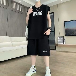 Bộ Đồ Mùa Hè Nam Không Tay Phong Cách Hồng Kông Rộng Thun Lạnh In Pet Không Bong Tróc Băng Bộ Đồ Thể Thao Bộ Đồ Hai Mảnh