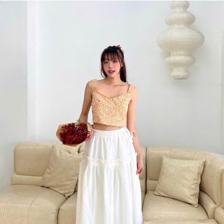 [SHOPPUMI] Áo kiểu Moli dáng crop tone cam hoa nhí cột nơ sau hở lưng freesize Pumi