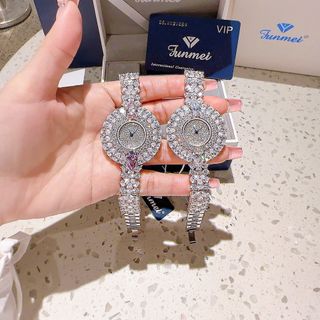 MÓN QUÀ QT PHỤ NỮ ĐỒNG HỒ NỮ CHÍNH HÃNG FUNMEI MẶT HOA BẠC FULL ĐÁ PHA LÊ