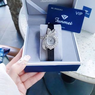 MÓN QUÀ QT PHỤ NỮ ĐỒNG HỒ NỮ CHÍNH HÃNG DÂY DA MẶT NƠ ĐÁ FULLBOX