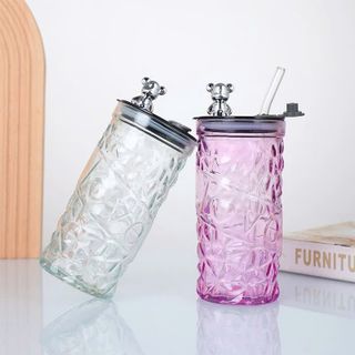 LY THỦY TINH SẦN MÀU NẮP GẤU KÈM ỐNG HÚT