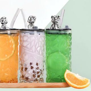 LY THỦY TINH SẦN MÀU NẮP GẤU KÈM ỐNG HÚT