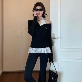 [SHOPPUMI] Set áo 2 món Odin top gồm áo ren bên trong và áo thun tay dài bên ngoài freesize Pumi