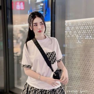 Set áo thun tăm lạnh in túi ngực viền tay mix chân váy bố dạ có lót in siêu xinh phù hợp đi làm đi chơi giá sỉ - giá bán buôn