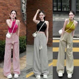 Quần sọc ống rộng, chất đũi mềm suông.lưng thun, dây luồng như hình. Giá sỉ - giá bán buôn