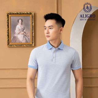 Áo polo nam ngắn tay ALIGRO chất liệu cotton cao cấp hoạ tiết kiểu dệt chữ V màu xanh dương dệt zacka ALGPLO78.1