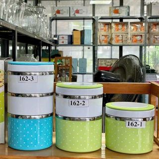 HỘP CƠM 3 TẦNG CHẤM BI RUỘT INOX