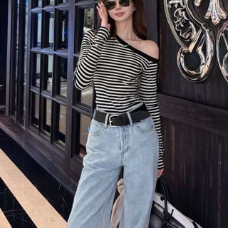 ÁO TAY DÀI LÊCH VAI SỌC TRẮNG ĐEN