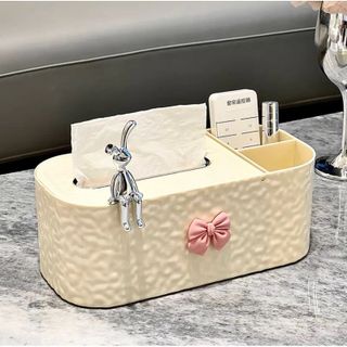 HỘP ĐỰNG GIẤY ĐỂ BÀN MÀU KEM KÈM NƠ VÀ THỎ