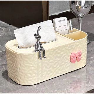 HỘP ĐỰNG GIẤY ĐỂ BÀN MÀU KEM KÈM NƠ VÀ THỎ