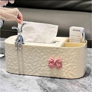 HỘP ĐỰNG GIẤY ĐỂ BÀN MÀU KEM KÈM NƠ VÀ THỎ