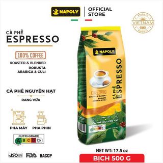 Cà Phê Hạt ESPRESSO Napoly Coffee Nguyên Chất Robusta & Arabica Rang Mộc Thơm Nồng Cho PHA MÁY, PHA PHIN - Túi 500g