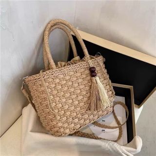 Túi cói giỏ cói tua rua hạt gỗ đi biển chụp ảnh thời trang hè