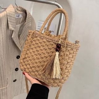 Túi cói giỏ cói tua rua hạt gỗ đi biển chụp ảnh thời trang hè