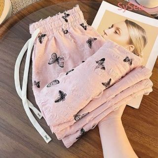 Quần Ống Rộng Nữ Vải Đũi Mềm Mịn Phối Rách Họa Tiết Bướm Đính Đá Lưng Cao