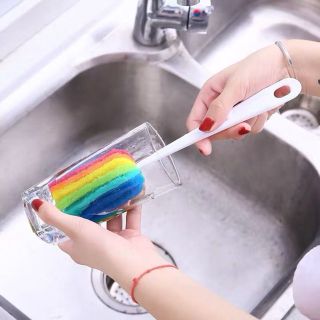 Cây Rửa Ly 7 Màu Cầu Vồng Dụng Cụ Rửa Cốc, Bình Nước Cán Dài Mút Xốp Bọt Biển Đa Năng Tiện Lợi