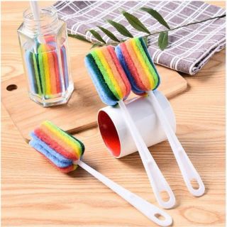 Cây Rửa Ly 7 Màu Cầu Vồng Dụng Cụ Rửa Cốc, Bình Nước Cán Dài Mút Xốp Bọt Biển Đa Năng Tiện Lợi