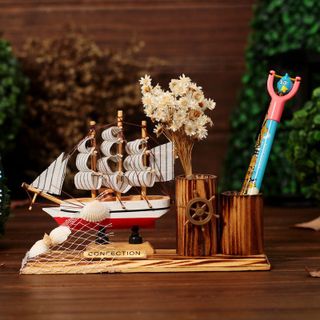 Thuyền Buồm Gỗ trang trí kèm lọ đựng bút và vật đụng làm quà tặng, vật trang trí ý nghĩa