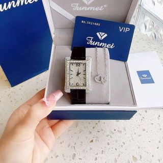 SET ĐỒNG HỒ NỮ DÂY DA CHÍNH HÃNG FUNMEI F2076 BẠC CHỮ NHẬT FULLBOX