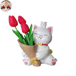 Mèo Thần Tài Ôm Hoa Trang Trí - Quà Tặng 8/3 - Kích Thước 20cm - Chất Liệu Composite Phủ Men Sáng Bóng