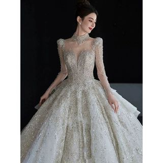 Váy cưới dài tay nhẹ 2025 cô dâu mới cao cấp kết cấu nhỏ retro cỡ lớn phụ nữ mang thai