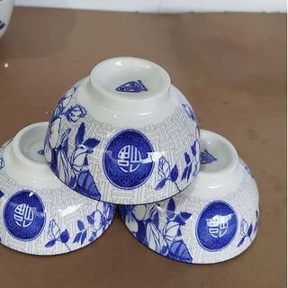 SET 10 CHÉN SỨ BẦU 4,5'' HOA XANH CHỮ PHÚC