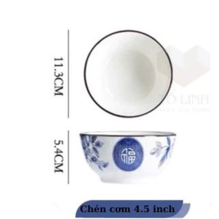 SET 10 CHÉN SỨ HOA XANH CHỮ PHÚC CHÉN CƠM