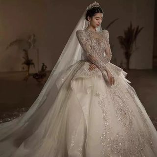 Váy cưới kiểu Pháp 2025 mới sang trọng dài tay sợi chính kết cấu chất lượng cao. ko đuôi (Hàng Giá Tận Xưởng )