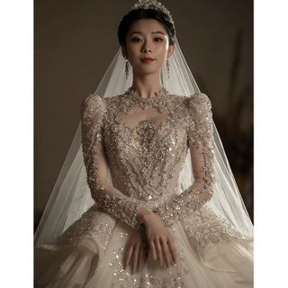 Váy cưới kiểu Pháp 2025 mới sang trọng dài tay sợi chính kết cấu chất lượng cao. ko đuôi (Hàng Giá Tận Xưởng )