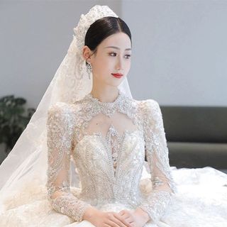 Váy cưới dài tay 2025 mới phong cách cung điện với đuôi dài váy cưới kết cấu Pháp dày ( giá ko đuôi ) Hàng Giá Tận Xưởng