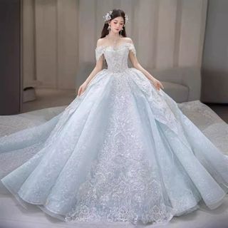 Váy cưới haute couture đuôi dài 2025 vai chẻ xanh họa tiết cao cấp của Pháp ( có đuôi )