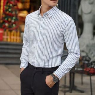 Áo sơ mi nam cổ Hidden Button Down chất liệu vải Cotton Oxford thoáng khí, giữ form tốt - Kẻ Sọc Xanh - Hàng VNXK sang EU - đủ size từ XS - XL