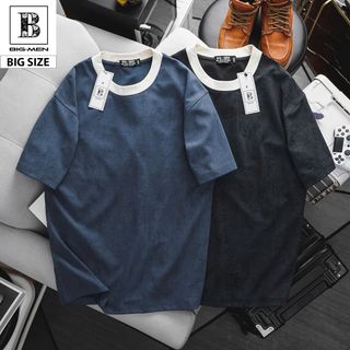 [ Big Men] Áo thun chất vải denim co giãn phối cổ thời trang bigsize nam 85- 135 kg